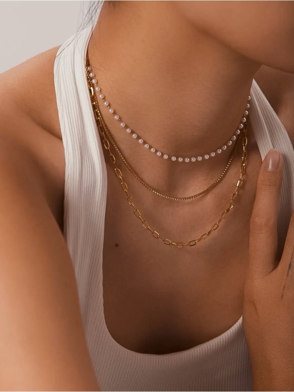 Layered Gold and Pearl Necklace Trio - Women's Fashion Jewelry